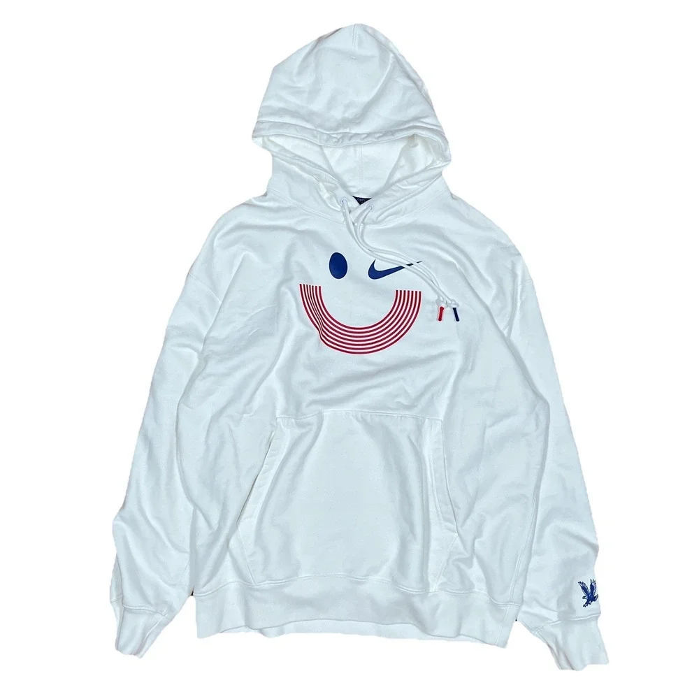Nike Team USA Olympics White Sweatshirt Hoodie Smiley Face Swoosh Size Large